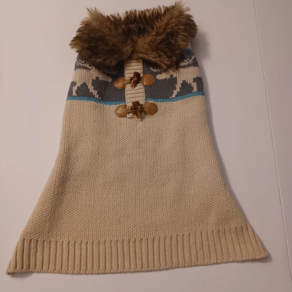 Amazon Button Front Dog Sweater Faux Fur Collar Sz L